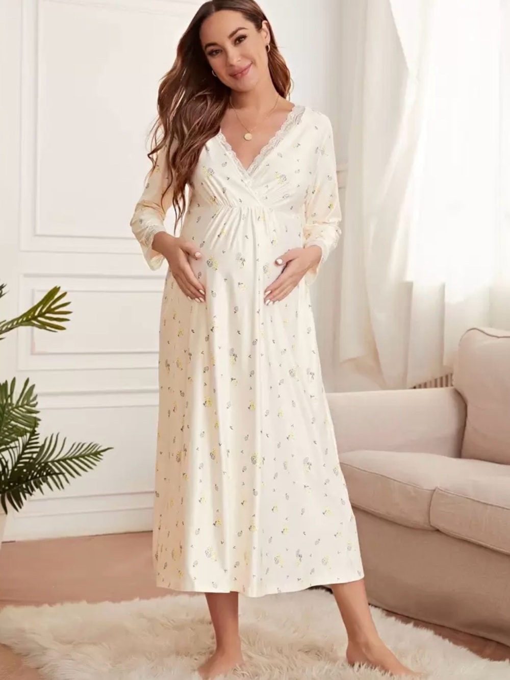 Women's Maternity Lace-Trim Nursing Nightgown - Cream Floral